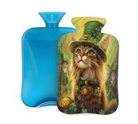 Mexpekil Bouillotte avec housse en flanelle douce de 2 L pour soulager la douleur, mains chaudes, pieds et corps, cadeau idéal pour adultes et enfants (chapeau de chat trèfle)