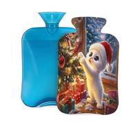 Mexpekil Bouillotte avec housse en flanelle douce de 2 L pour soulager la douleur, mains chaudes, pieds et corps, cadeau idéal pour adultes et enfants (arbre de Noël chat mignon)