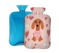 Mexpekil Bouillotte avec housse en flanelle douce de 2 L pour soulager la douleur, mains chaudes, pieds et corps, cadeau idéal pour adultes et enfants (cœurs teckel rose)