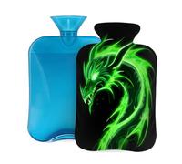 Mexpekil Bouillotte avec housse en flanelle douce de 2 L pour soulager la douleur, mains chaudes, pieds et corps, cadeau idéal pour adultes et enfants (dragon de feu vert)
