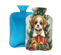 Mexpekil Bouillotte avec housse en flanelle douce de 2 L pour soulager la douleur, mains chaudes, pieds et corps, cadeau idéal pour adultes et enfants (joli chiot sapin de Noël)