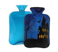 Mexpekil Bouillotte avec housse en flanelle douce de 2 L pour soulager la douleur, mains chaudes, pieds et corps, cadeau idéal pour adultes et enfants (château chauve-souris Halloween)