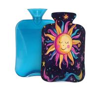 Mexpekil Bouillotte avec housse en flanelle douce de 2 L pour soulager la douleur, mains chaudes, pieds et corps, cadeau idéal pour adultes et enfants (jolie lune et soleil)