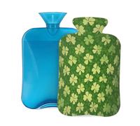 Mexpekil Bouillotte avec housse en flanelle douce de 2 L pour soulager la douleur, mains chaudes, pieds et corps, cadeau idéal pour adultes et enfants (feuilles de trèfle vert)