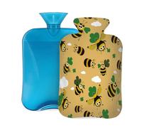 Mexpekil Bouillotte avec housse en flanelle douce de 2 L pour soulager la douleur, mains chaudes, pieds et corps, cadeau idéal pour adultes et enfants (trèfle d'abeilles de dessin animé)