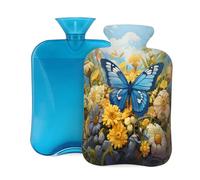 Mexpekil Bouillotte avec housse en flanelle douce de 2 L pour soulager la douleur, mains chaudes, pieds et corps, cadeau idéal pour adultes et enfants (papillon bleu, fleur jaune)