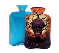 Mexpekil Bouillotte avec housse en flanelle douce de 2 L pour soulager la douleur, réchauffer les mains, les pieds et le corps, cadeau idéal pour adultes et enfants (horrible crâne chauve-souris)