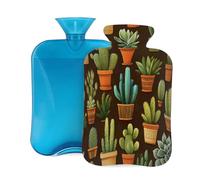 Mexpekil Bouillotte avec housse en flanelle douce de 2 L pour soulager la douleur, réchauffer les mains, les pieds et le corps, cadeau idéal pour adultes et enfants (divers cactus)