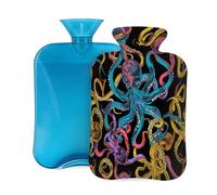 Mexpekil Bouillotte avec housse en flanelle douce de 2 L pour soulager la douleur, réchauffer les mains, les pieds et le corps, cadeau idéal pour adultes et enfants (pieuvres colorées)