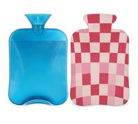 Mexpekil Bouillotte beige rose à motif damier avec housse, sac d'eau chaude en PVC de 2 L pour soulager la douleur, les pieds, le dos, la chaleur
