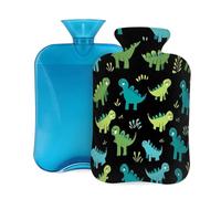 Mexpekil Bouillotte dinosaure vert bleu noir avec housse, sac d'eau chaude en PVC de 2 L pour soulager la douleur, les pieds, le dos, la chaleur