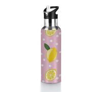 Mexpekil Bouteilles d'eau isothermes en acier inoxydable avec couvercle à paille, anti-fuite, pour salle de sport, travail, voyage - 600 ml - Pois blancs et jaune citron