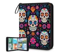 Mexpekil Classeur à 4 poches avec 50 pages à ouverture latérale pour 400 cartes à fermeture éclair étanche Motif crânes mexicains fleurs
