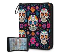 Mexpekil Classeur à 9 pochettes avec 50 pages à ouverture latérale pour 900 cartes, fermeture éclair, étanche, motif crânes mexicains et fleurs