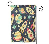 Mexpekil Drapeau de jardin rétro planète spatiale fusées 71,1 x 101,6 cm double face, drapeau de bienvenue décoratif pour terrasse, cour, pelouse