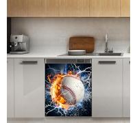 Mexpekil Fire Water Baseball Couvercle magnétique pour lave-vaisselle 53,3 x 66 cm Autocollant décoratif pour porte d'entrée étanche Panneau magnétique