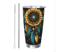 Mexpekil Gobelet isotherme de 591 ml avec paille et couvercle en acier inoxydable - Tasse à café glacé - Attrape-rêves avec plumes de tournesol - Tasse de voyage étanche - Bouteille d'eau thermique