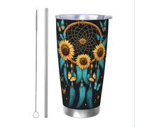 Mexpekil Gobelet isotherme de 591 ml avec paille et couvercle en acier inoxydable - Tasse à café glacé - Tasse à café glacé - Motif plumes turquoise, attrape-rêves, tournesols - Tasse de voyage