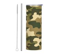 Mexpekil Gobelet isotherme de 591 ml avec paille et couvercle en acier inoxydable - Tasse à café glacé - Motif camouflage vert - Anti-fuite - Bouteille d'eau thermique - Cadeau pour homme et femme