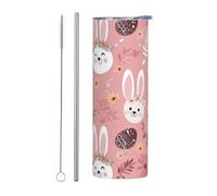 Mexpekil Gobelet isotherme de 591 ml avec paille et couvercle en acier inoxydable - Tasse à café glacé - Tasse à café glacé - Motif lapins, œufs et fleurs - Tasse de voyage étanche - Bouteille d'eau