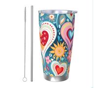 Mexpekil Gobelet isotherme de 591 ml avec paille et couvercle en acier inoxydable - Tasse à café glacé coloré en forme de cœurs et fleurs - Tasse de voyage étanche - Bouteille d'eau thermique - Cadeau