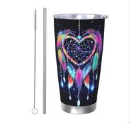 Mexpekil Gobelet isotherme de 591 ml avec paille et couvercle en acier inoxydable - Tasse à café glacé en forme de cœur attrape-rêves - Tasse de voyage étanche - Bouteille d'eau thermique pour homme