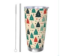 Mexpekil Gobelet isotherme de 591 ml avec paille et couvercle en acier inoxydable - Tasse à café glacé vintage - Motif sapin de Noël - Anti-fuite - Bouteille d'eau thermique - Cadeau pour homme et