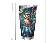 Mexpekil Gobelet isotherme de 591 ml avec paille et couvercle en acier inoxydable - Tasse à café glacé - Motif attrape-rêves avec hibou - Tasse de voyage étanche - Bouteille d'eau thermique - Cadeau