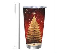 Mexpekil Gobelet isotherme de 591 ml avec paille et couvercle en acier inoxydable - Tasse à café glacé étanche - Motif sapin de Noël - Bouteille d'eau thermique - Cadeau pour homme et femme