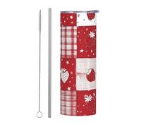 Mexpekil Gobelet isotherme de 591 ml avec paille et couvercle en acier inoxydable - Tasse à café glacé à motif de fraise, cœur, patchwork_ Tasse de voyage étanche - Bouteille d'eau thermique - Cadeau
