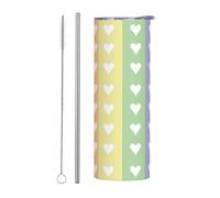 Mexpekil Gobelet isotherme de 591 ml avec paille et couvercle en acier inoxydable - Tasse à café glacé à motif de cœurs arc-en-ciel à rayures - Tasse de voyage étanche - Bouteille d'eau thermique