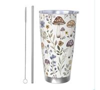 Mexpekil Gobelet isotherme de 591 ml avec paille et couvercle en acier inoxydable - Tasse à café glacé en forme de champignons et fleurs sauvages - Tasse de voyage étanche - Bouteille d'eau thermique