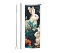 Mexpekil Gobelet isotherme de 591 ml avec paille et couvercle en acier inoxydable - Tasse à café glacé - Tasse à café glacé - Motif lapins et plantes - Tasse de voyage étanche - Bouteille d'eau