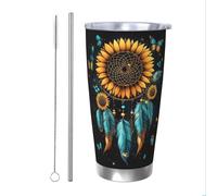 Mexpekil Gobelet isotherme de 591 ml avec paille et couvercle en acier inoxydable - Tasse à café glacé - Motif attrape-rêves avec tournesols - Tasse de voyage étanche - Bouteille d'eau thermique