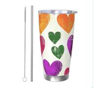 Mexpekil Gobelet isotherme de 591 ml avec paille et couvercle en acier inoxydable - Tasse à café glacé - Tasse à café glacé à motif coloré de cœurs - Tasse de voyage étanche - Bouteille d'eau