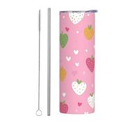 Mexpekil Gobelet isotherme de 591 ml avec paille et couvercle en acier inoxydable - Tasse à café glacé coloré avec motif de fraises et de cœurs - Bouteille d'eau thermique étanche - Cadeau pour homme