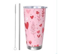 Mexpekil Gobelet isotherme de 591 ml avec paille et couvercle en acier inoxydable - Tasse à café glacé en forme de cœurs et de fleurs - Tasse de voyage étanche pour la Saint-Valentin - Bouteille d'eau