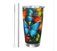 Mexpekil Gobelet isotherme de 591 ml avec paille et couvercle en acier inoxydable - Tasse à café glacé coloré à motif de papillon fluo - Tasse de voyage étanche - Bouteille d'eau thermique - Cadeau