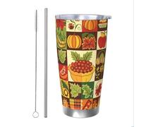 Mexpekil Gobelet isotherme de 591 ml avec paille et couvercle en acier inoxydable - Tasse à café glacé - Motif patchwork d'automne - Tasse de voyage étanche - Bouteille d'eau thermique - Cadeau pour