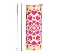 Mexpekil Gobelet isotherme de 591 ml avec paille et couvercle en acier inoxydable - Tasse à café glacé - Tasse à café glacé étanche à motif de cœurs roses à motif mandala - Bouteille d'eau thermique