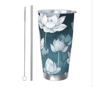 Mexpekil Gobelet isotherme de 591 ml avec paille et couvercle en acier inoxydable - Tasse à café glacé à motif de fleurs de lotus - Tasse de voyage étanche - Bouteille d'eau thermique - Cadeau pour
