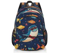 Mexpekil Grand sac à dos d'école amusant avec motif requin de mer et poisson pour filles, garçons, enfants, sac à dos imperméable pour ordinateur portable pour femme et homme, sac à dos léger pour