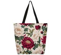 Mexpekil Grand sac fourre-tout en toile à motif de fleurs rouges et blanches pour femmes et filles, sacs d'épicerie réutilisables, grands sacs à main pour dames, sac à bandoulière multifonction
