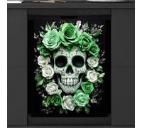 Mexpekil Green Roses Skull Head Aimant pour lave-vaisselle | Housses décoratives réutilisables pour lave-vaisselle - Panneau avant magnétique - 58,4 x 66 cm - Autocollant pour appareils