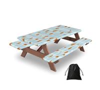 Mexpekil Housse de table de pique-nique avec housses de banc, nappe ajustée à carreaux bleus pour tables rectangulaires de 1,5 m, nappe extensible avec bord élastique pour jardin, terrasse, extérieur