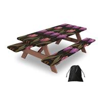 Mexpekil Housse de table de pique-nique avec housses de banc, nappe ajustée style vintage tulipes roses et violettes pour tables rectangulaires de 1,8 m, nappe extensible avec bord élastique pour