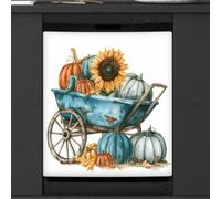 Mexpekil Housse magnétique pour lave-vaisselle, citrouilles et tournesols sur une brouette, Thanksgiving, récolte agricole, automne, autocollant magnétique pour lave-vaisselle, cuisine, décoration
