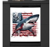 Mexpekil Housse magnétique pour lave-vaisselle, grand requin, drapeau américain, patriotisme, autocollant magnétique pour lave-vaisselle, cuisine, décoration artistique