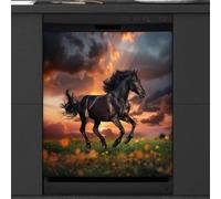 Mexpekil Housse magnétique pour lave-vaisselle, motif chevaux noirs qui courent sauvages sur la prairie, couverture magnétique autocollante pour lave-vaisselle, cuisine, décoration artistique