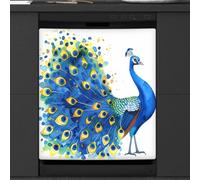 Mexpekil Housse magnétique pour lave-vaisselle, paon bleu avec écran ouvert en forme d'animal aquarelle, autocollant magnétique pour lave-vaisselle, cuisine, décoration artistique